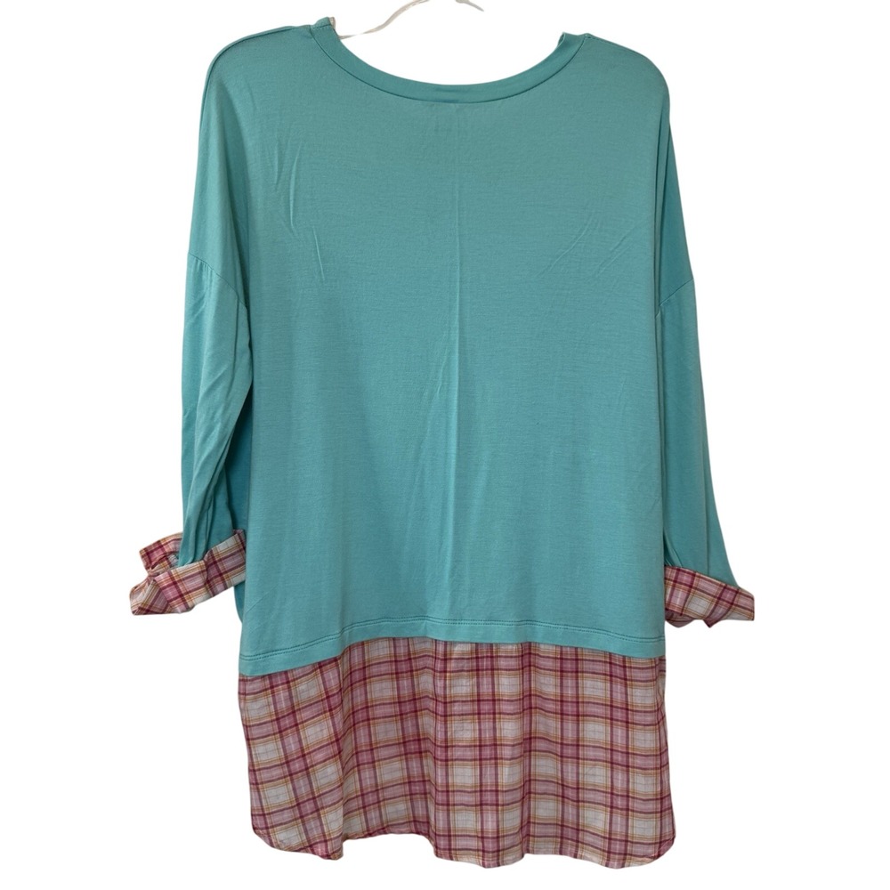 Jardin by Macris Top Womens Large D3120B Teal Plaid Layered Look Mixed Media NEW - Picture 2 of 4
